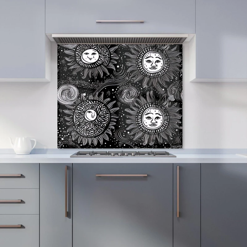 Image of Warren Reed - Designer Moon & Sun White Black Kitchen Splashback Size: 600mm x 750mm Black Unisex 600mm x 750mm