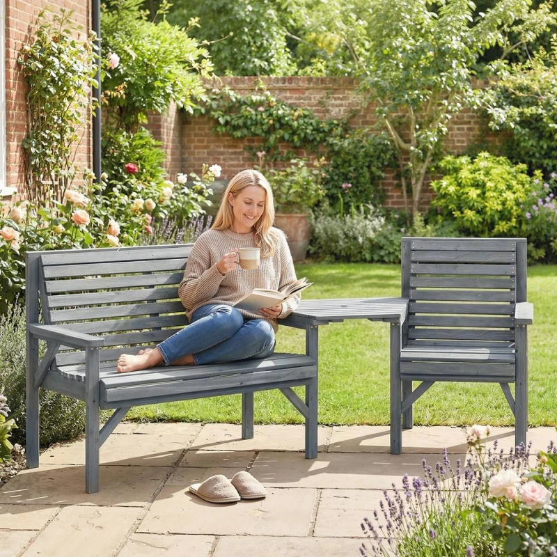 Image of OUTSUNNY Wood Garden Furniture Set w/ Parasol Hole, Detachable Table in Grey Grey Unisex