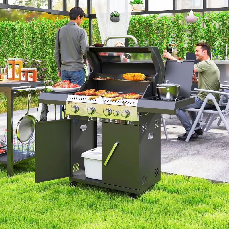 Image of Outsunny 4+1 Burner Gas BBQ Grill with Clear View Lid, Thermometer, Black 846-195V70BK