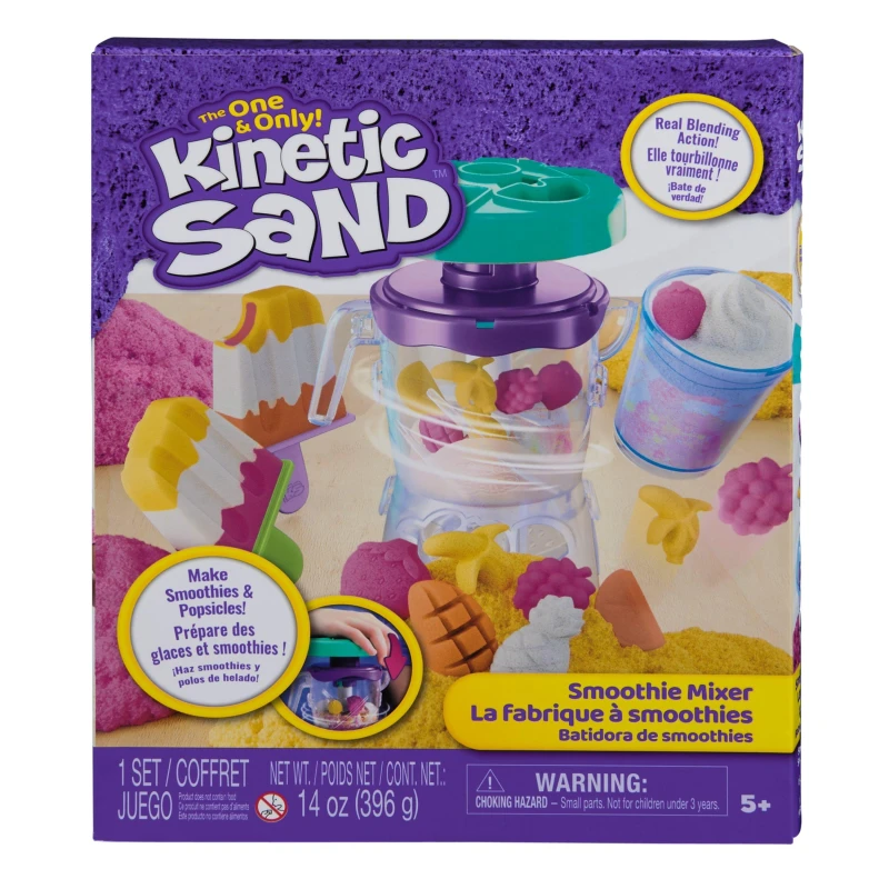 Image of Kinetic Sand - Smoothie Mixer Spielset mit 397g Sand in 3 Farben handbetriebenem Mixer Werkzeugen Eisformchen und mehr fur kreatives Indoor-Sand