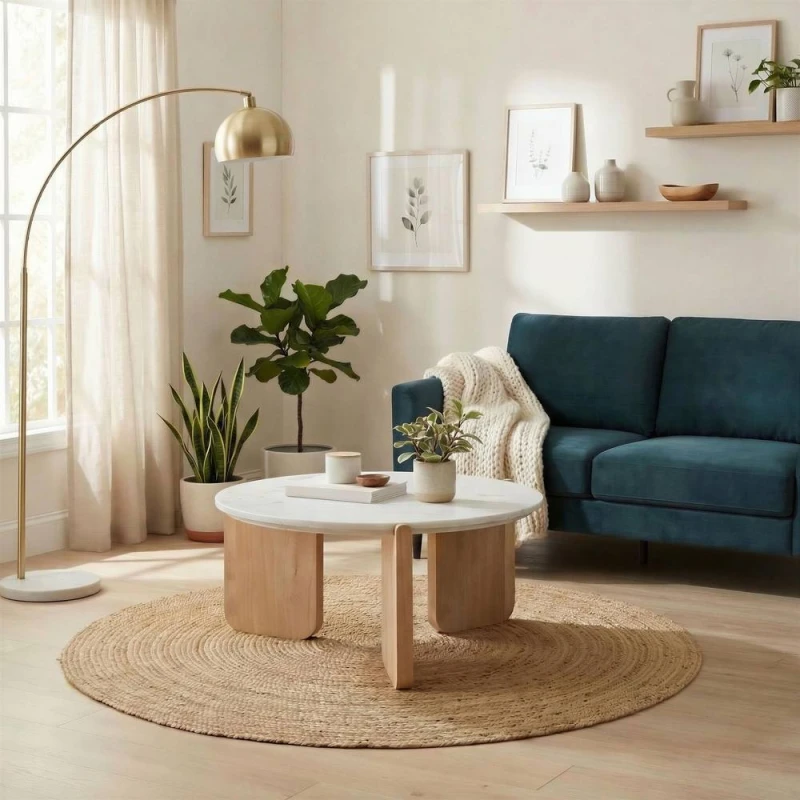 Image of FurnitureboxUK Solia Round White Oak Wood & Marble Coffee Table in Light Brown Light Brown Unisex
