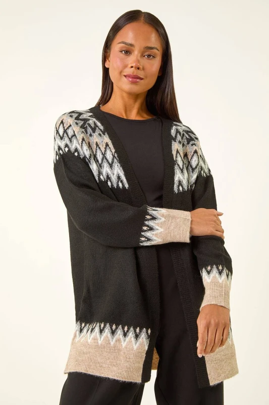 Image of Roman Womens Petite Fairisle Knit Cardigan in Black Size: 14 Black Female 14