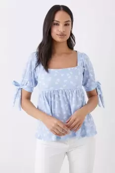 Image of Ditsy Square Neck Tie Sleeve Top
