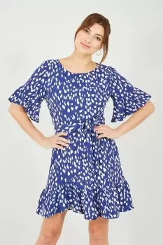 image of Navy Dash Print Dress With Fluted Sleeve