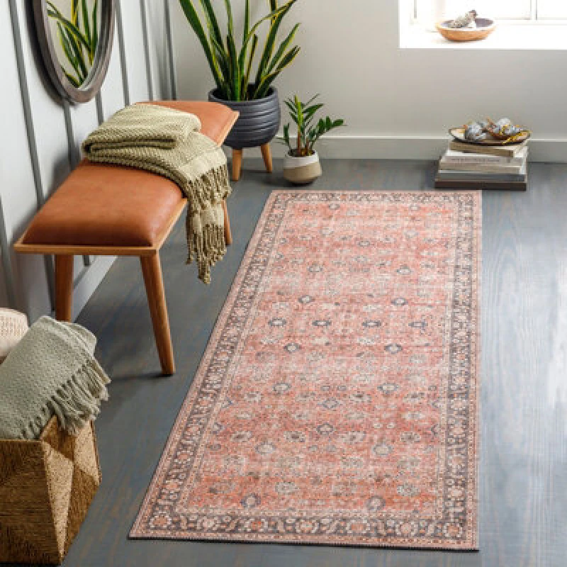 Image of Livabliss Colin-Washable Brown Orange Grey Traditionnal Vintage Boho Living Dining Rug Size: 80cm x 220cm Orange Unisex 80cm x 220 cm