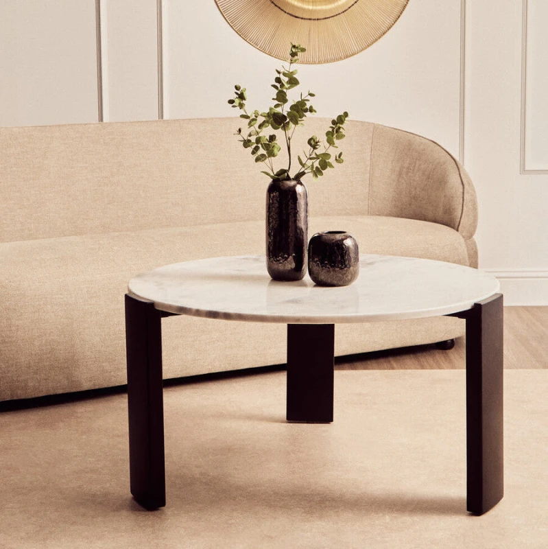 Image of Orsina White Round Marble Top Large Coffee Table with Black Acacia Legs Palermo