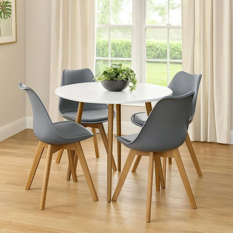Image of KOSY KOALA Kosy Koala - Dining Table and 4 Chairs White Round Wood Table 4 Grey Plastic Leather Chairs Dining Room Furniture Round white tulip + 4 gre