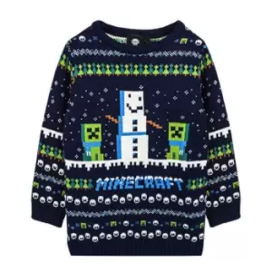 image of Minecraft Childrens/Kids Snowy Knitted Christmas Jumper (11-12 Years) (Navy/Green/White)