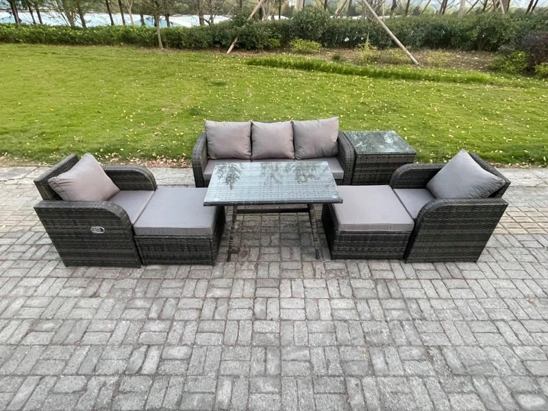 Image of Fimous Outdoor Garden Furniture Sets 7 Pieces Wicker Rattan Furniture Sofa Sets with Rectangular Dining Table 2 Big Footstool Dark Grey