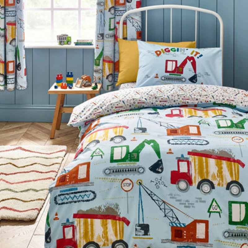 Image of Catherine Lansfield 'Digger Dreams' Reversible Duvet Cover Set Blue