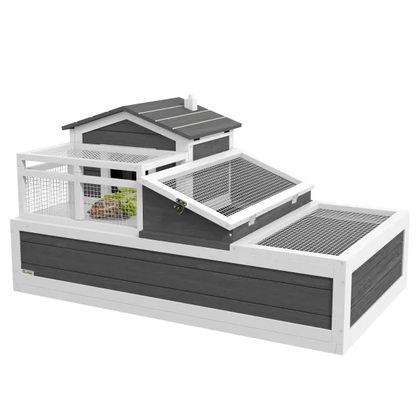 Image of PawHut 3-Room Tortoise House Habitat w/ Balcony & 2 Stories, Wooden Tortoise Enclosure with Ladder, Tray, Openable Roof