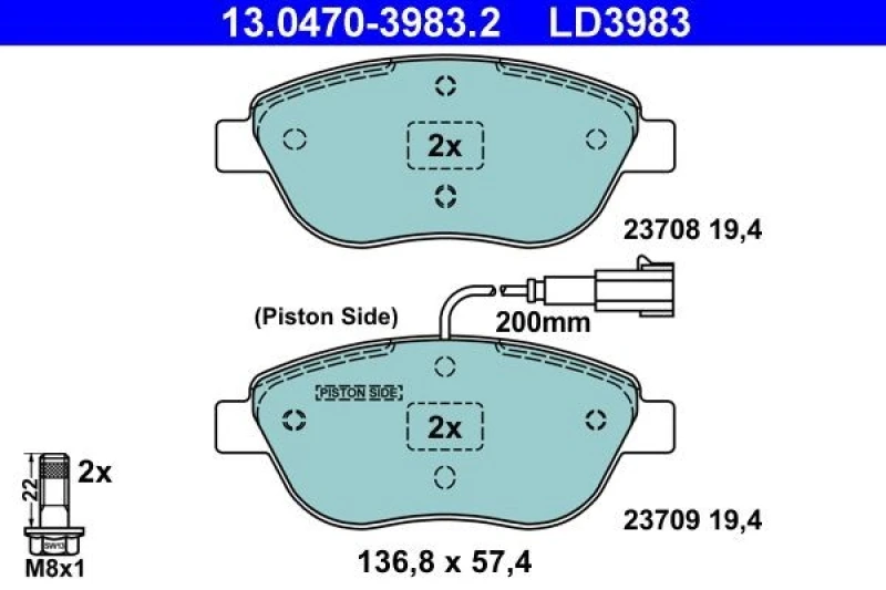 Image of ATE 13.0470-3983.2 Brake pad set incl. wear warning contact, with brake caliper screws Brake Pad Set,disc brake (402)