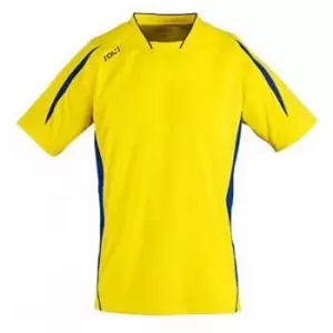 Image of SOLS Childrens/Kids Maracana 2 Short Sleeve Football T-Shirt (10 Years) (Lemon/Royal Blue)