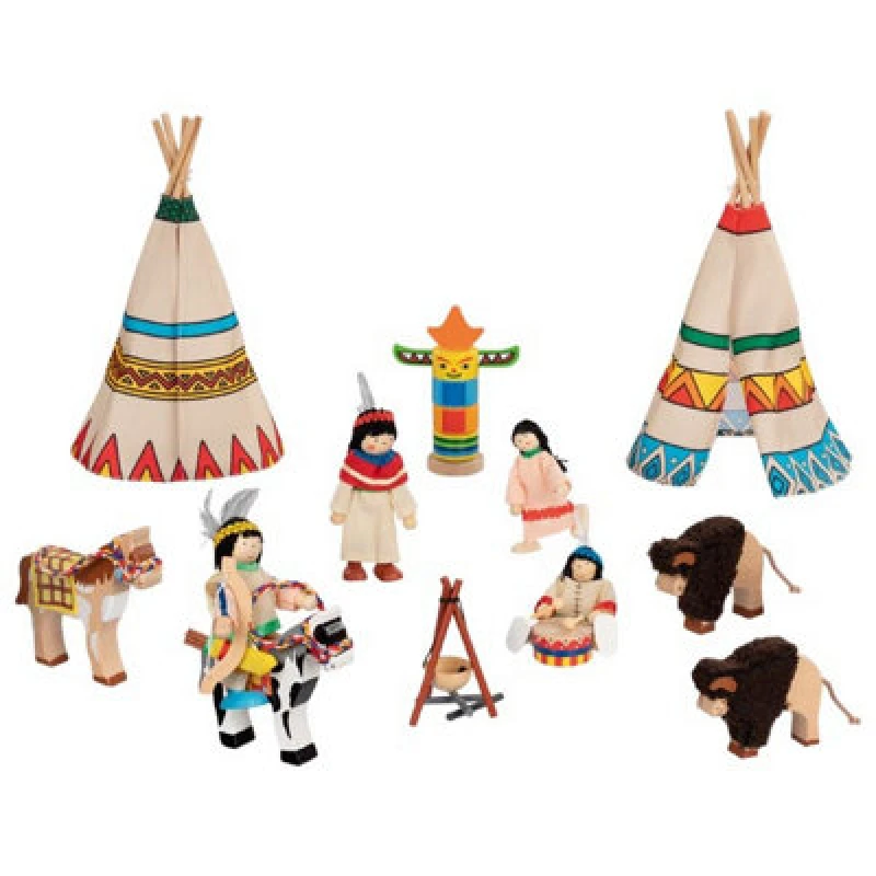 Image of Goki Flexible Wooden Puppets - Indian Camp Village Figure Playset