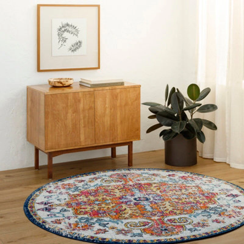 Image of Livabliss Round Vintage Oriental Boho Saffron/navy Lou Area Rug 120 X 120 Cm - Easy Care, Non Shedding, Ideal For Living Room & Bedroom