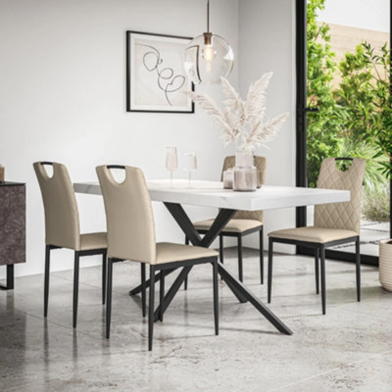 Image of More4Homes Donni Dining Table & Chairs - White Marble Effect Table Top w Black Legs + Monza Faux Leather Dining Chair Set Of 6 in Beige Beige Unisex