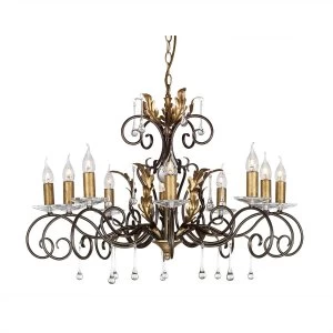 image of 10 Light Chandelier Bronze, Gold Floral Leaves Design, E14