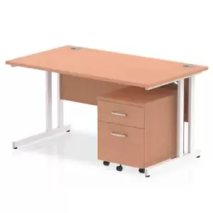Image of Impulse 1400 x 800mm Straight Desk Beech Top White Cantilever Leg with 2 Drawer Mobile Pedestal Bundle