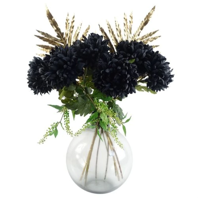 Image of Leaf Leaf 95cm Black Chrysanthemum Bundle Glass Ball Vase Black