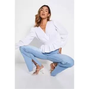 Image of I Saw It First Shirred Waist Puff Sleeve Wrap Front Blouse - White