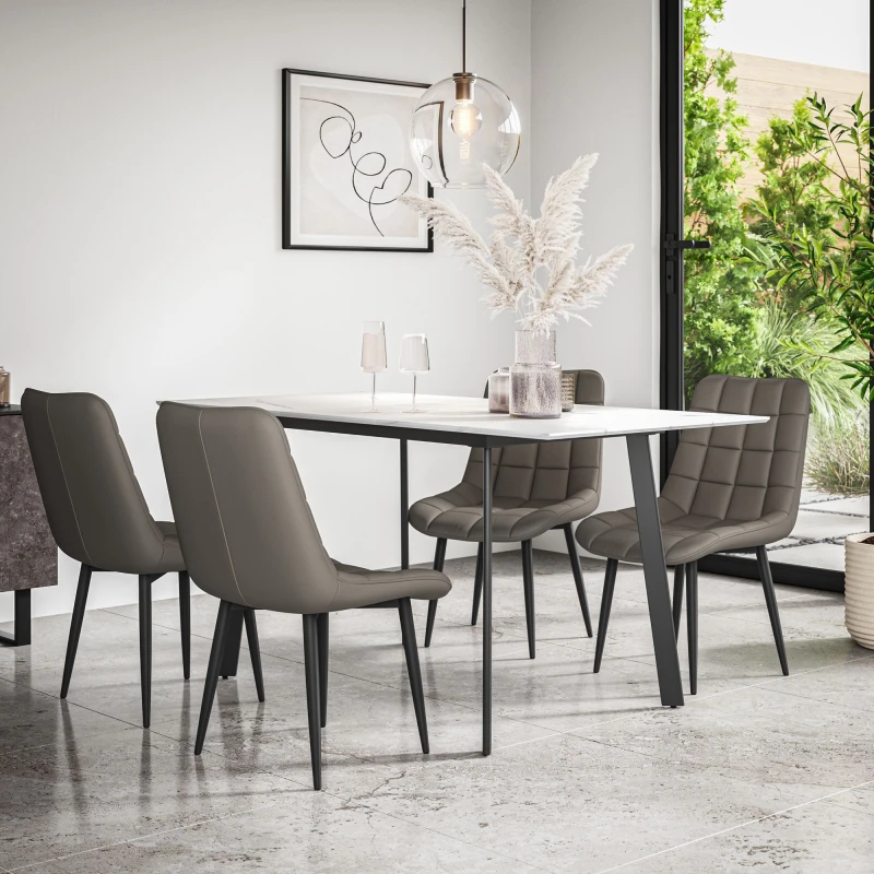 Image of More4Homes Haydon Extending Dining Table & Chairs- White Marble Effect Table Top w Black Legs + Nova Faux Leather Dining Chair Set Of 4 in Grey Grey U