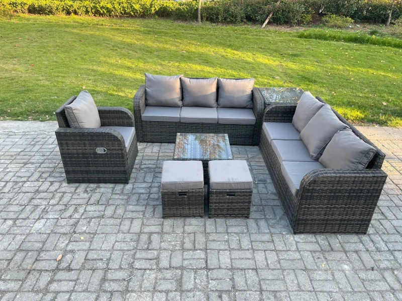 Image of Fimous Outdoor Rattan Garden Furniture Set Conservatory Patio Sofa Coffee Table With Reclining Chair Side Table 2 Small Footstools Dark Grey