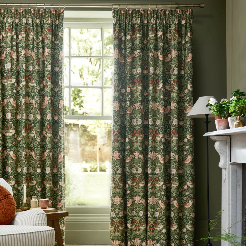 Image of William Morris At Home Strawberry Thief Ready Made Blackout Curtains Nettle