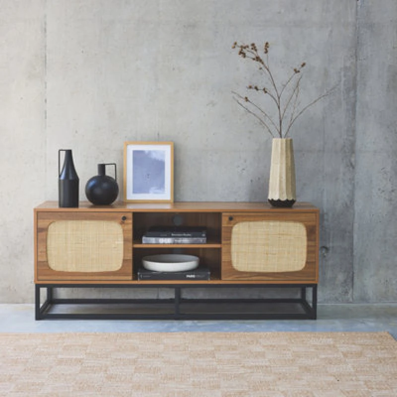 Image of sweeek Wooden And Rounded Cane TV Unit Light Brown