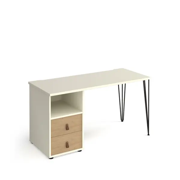 image of Tikal Straight White Desk with Black Hairpin Leg with Oak Drawers - 1400mm x 600mm