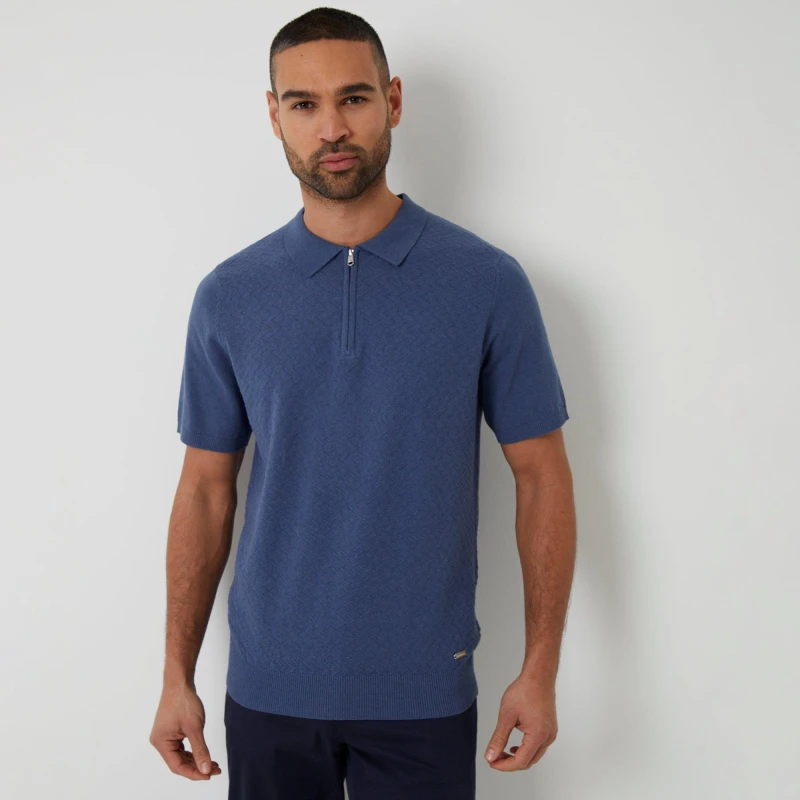 Image of Threadbare Textured Front Quarter Zip Knitted Polo Blue