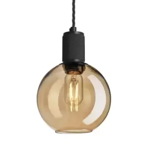 Industville Knurled Tinted Glass Globe Pendant Light in Amber with Black Holder / Small