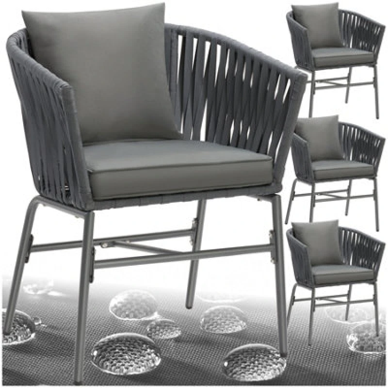 Image of Tectake Accent Chair Valeiras - Woven Rope Design, Thick Cushions, 60 X 61 X 77Cm - Dark Grey/dark Grey - Set Of 4