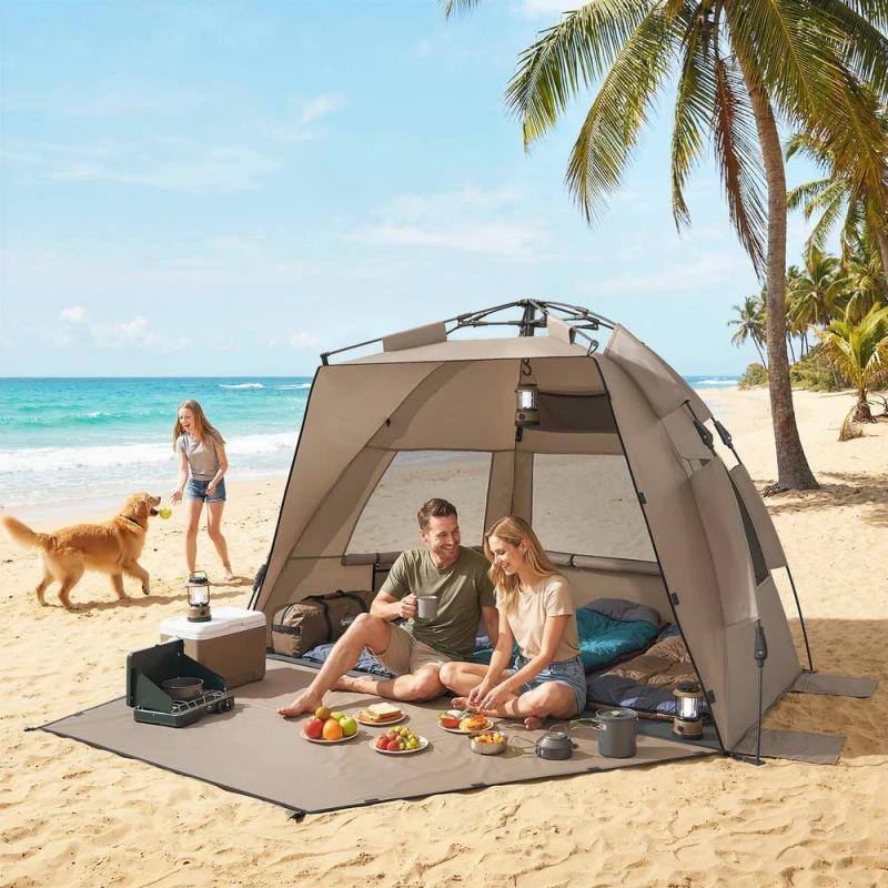 Image of OUTSUNNY Pop Up Beach Tent for 2-3 Person with Carry Bag, UPF15+ in Brown Brown Unisex