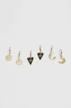 Image of Gold Black Enamel Mystic Symbol Charm Drop Earrings - Pack of 3