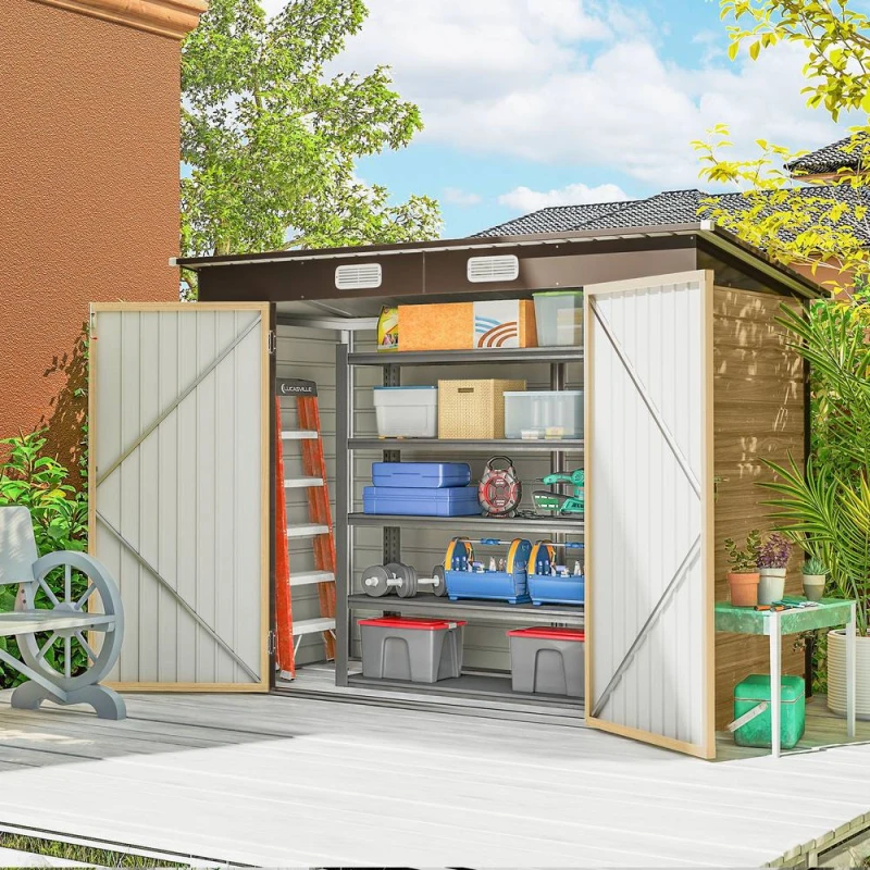 Image of Outsunny 8 X 4ft Metal Garden Storage Shed With Double Doors, Oak, Brown 84H-118V00AK