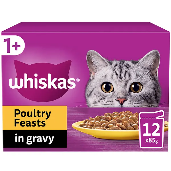 image of Whiskas 1+ Poultry Feasts in Gravy Cat Food 96 x 85g