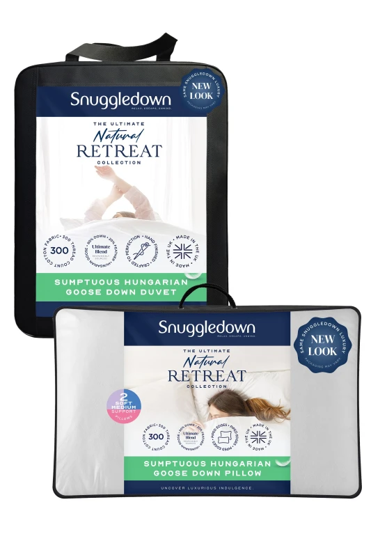 Image of Snuggledown Snuggledown Retreat Hungarian Goose Down 13.5 Tog (4.5+9 tog) Duvet With 2 Pillows in White Size: Double White Double Unisex 50605438648