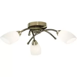 image of Searchlight Opera - 3 Light Flush Multi Arm Ceiling Light Antique Brass and Opal Glass, G9