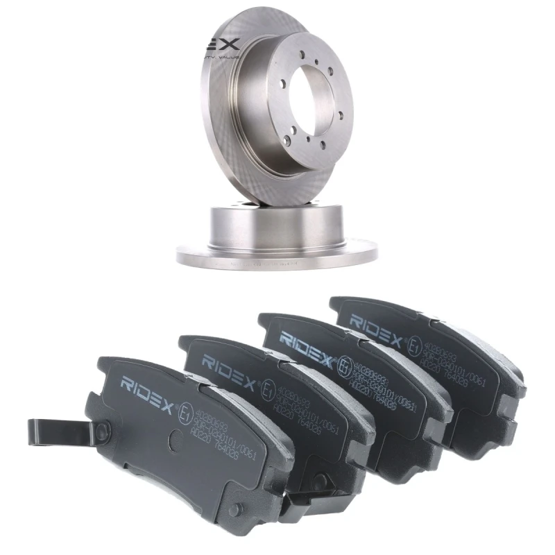 Image of RIDEX 3405B3311 Brake disc and pads set Rear Axle, Brake Disc Type: Solid, with acoustic wear warning Brake Set,disc brakes (3405)