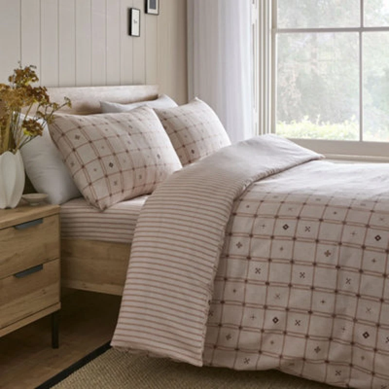 Image of Dreams & Drapes 'Cottage Check' Brushed Cotton Duvet Cover Set in Natural Size: Super King Natural Unisex Super King