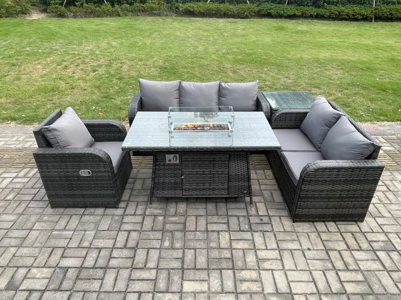 Image of Fimous Garden Patio Furniture Wicker Rattan Gas Fire Pit Table and Sofa Chair set with Side Table Dark Grey