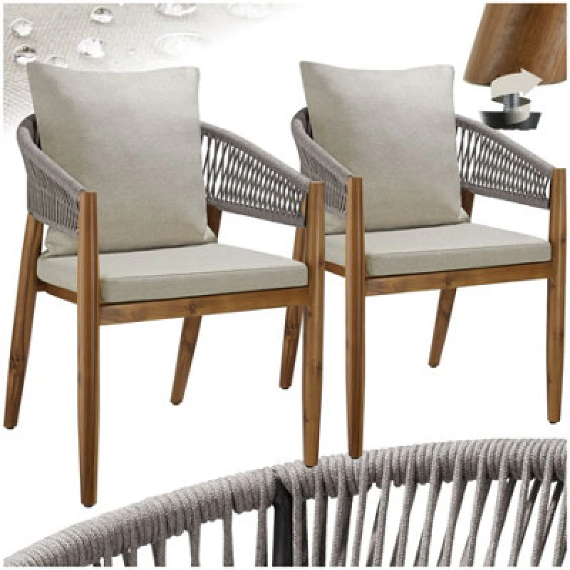 Image of Tectake Garden Chair Manacor In A Corded Design With Acacia Wood Frame And Matching Cushions - Greige - Set Of 2