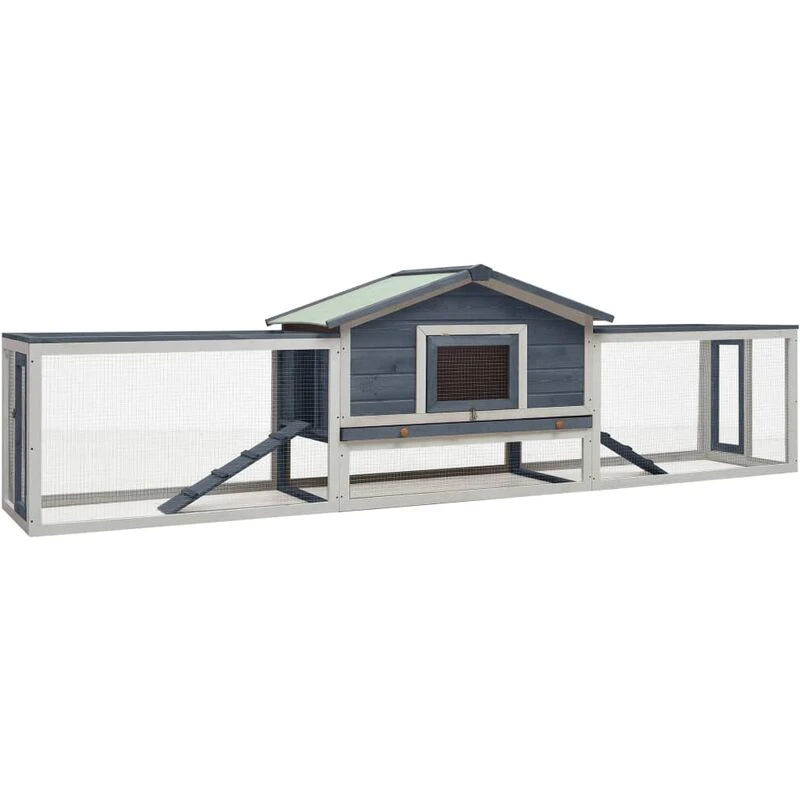 Image of vidaXL Solid Pine & Fir Wood Rabbit Hutch Grey Outdoor Wooden Rabbit House