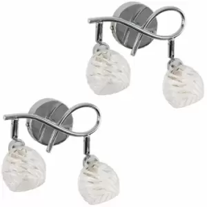 image of Minisun - 2 x Chrome Curved Arm Wall Lights with Swirled Glass Shades - No Bulb