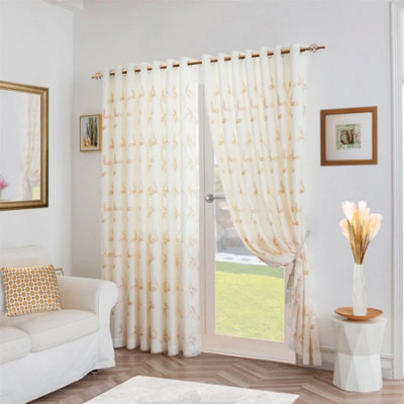 Image of Alan Symonds Leaf Embroidered Tulle Voile Curtains Ring Top - Gold Gold 90x90 Inch