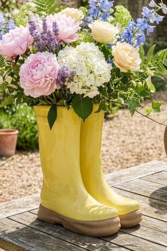 Image of Dibor Large Yellow Wellington Boot Indoor Outdoor Garden Planter Flower Pot (H)16cm, (L)24cm Yellow Unisex Large