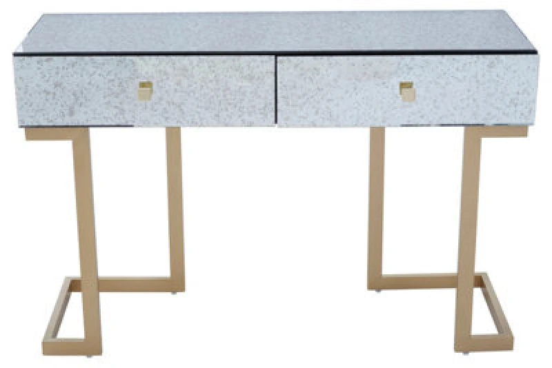 Image of Orsina Stylish Brass Finish Console Table, Livingroom Table With Two Drawers, Lounge Table With Antique Mirror Top