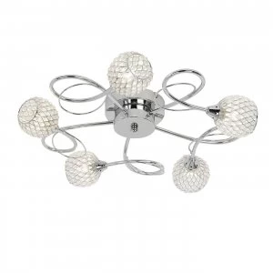 Image of 5 Light Semi Flush Multi Arm Ceiling Light Chrome with Wire, Bead Shade, G9