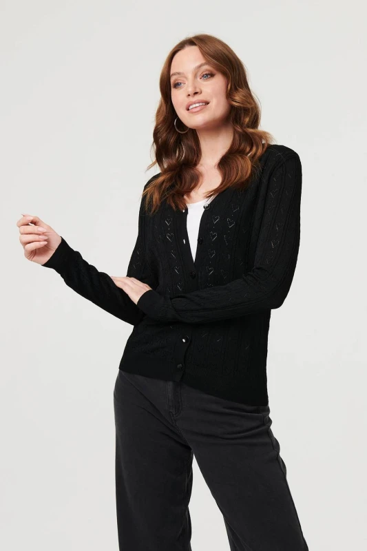 Image of Izabel London Womens Semi Sheer Heart Textured Slim Cardigan in Black Size: 8 Black Female 8