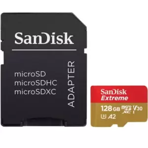 image of SanDisk 128GB Extreme A2 V30 Micro SD Card (SDXC) UHS-I U3 + Adapter- 160MB/s